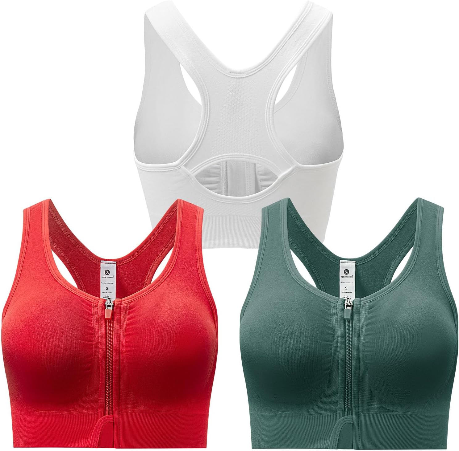 Zip Front Sports Bra for Women – Medium Support Racerback Workout Bra with Removable Pads & Double Hooks