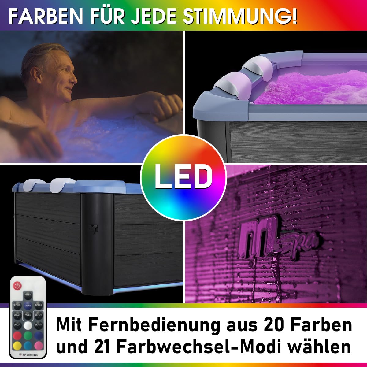 BRAST Whirlpool MSpa Oslo Sapphire | 160x160x65cm | 6 Personen | Feste Außenwand, LED-Beleuchtung mit 20 einstellbaren Farben, 120 Massagedüsen, Winterfest ganzjähriger Einsatz, In & Outdoor