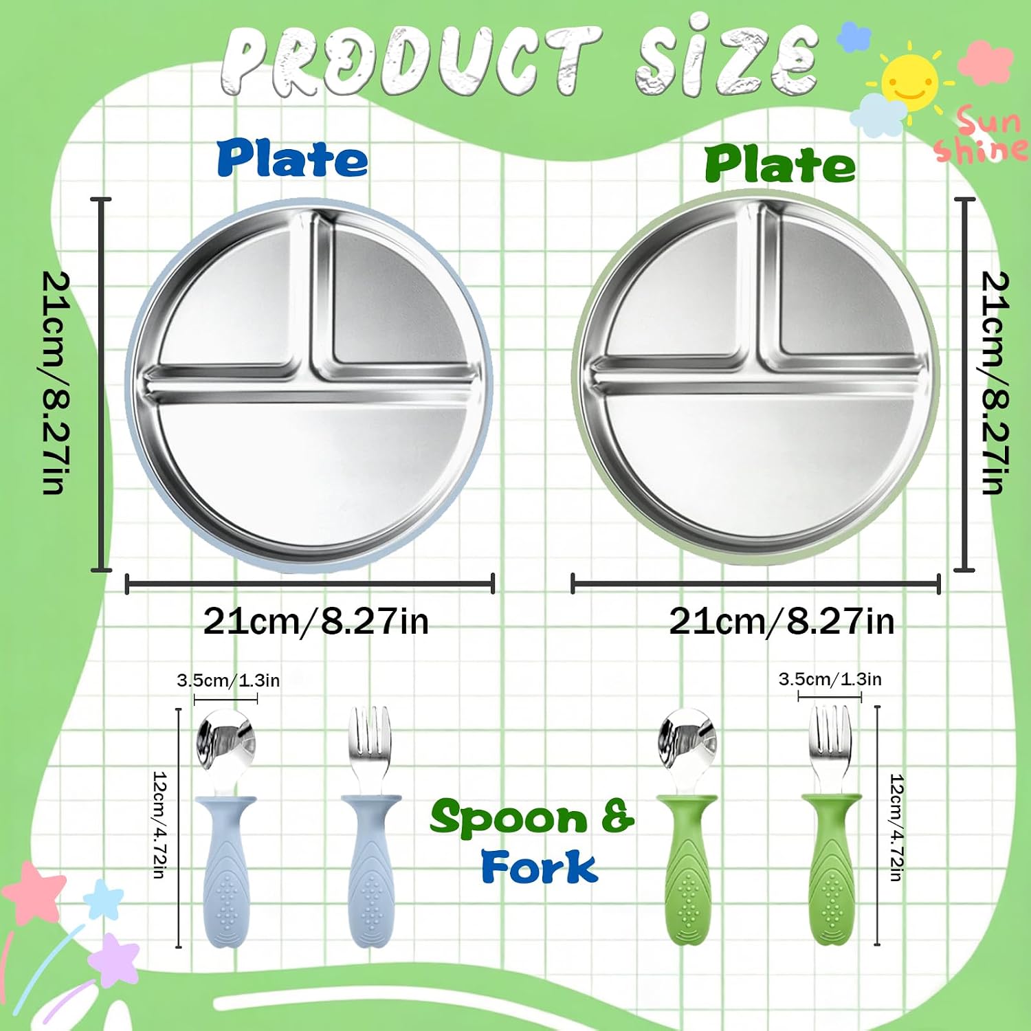 Stainless Steel Baby Feeding Set, 2 Set Toddler Utensils Baby Feeding Set, 2 Pack Divided Plates with 2 Pack Silicone Spoon and Fork, BPA-Free Weaning Tableware for Self-Feeding