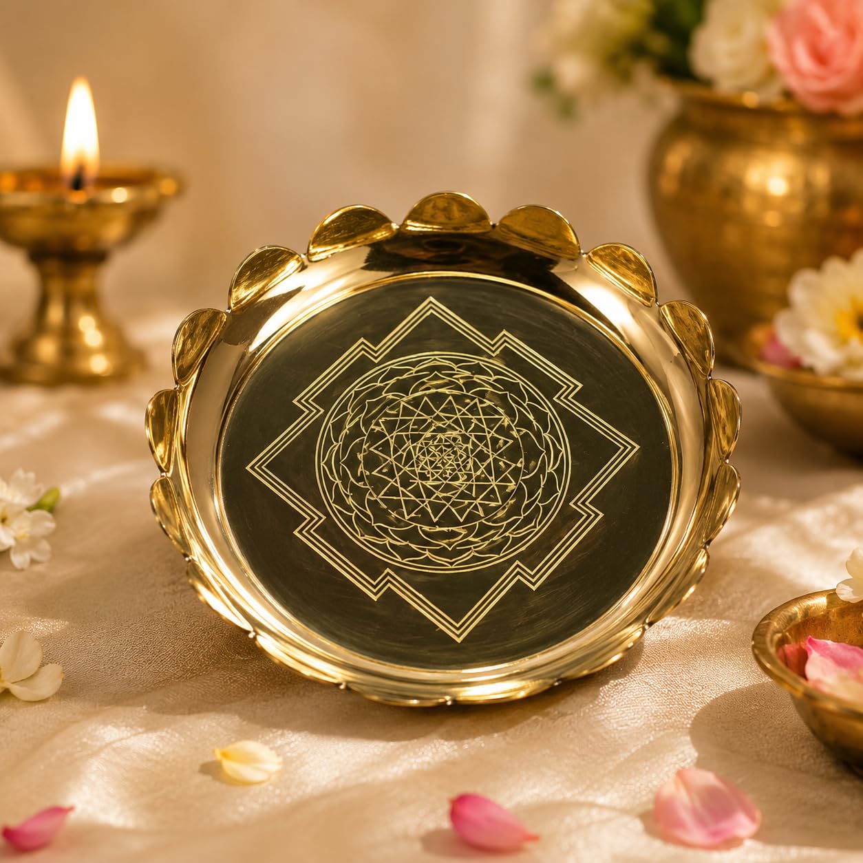 Brass Lotus Urli Bowl with Shri Chakra Engraving | 4 inch Pooja Offering Bowl | Divine Gift for Housewarming | varalakshmi Pooja Gift | Home Temple Decor | Spiritual Gift-image-46