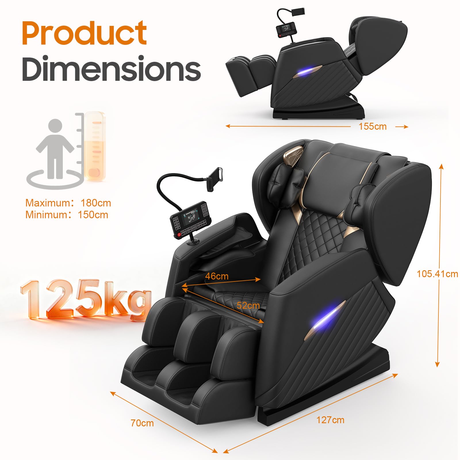 Fauteuil de massage, 16 rouleaux de massage, 8 airbags, chauffage lombaire, massage avec rouleaux et airbags sur les mollets, haut-parleur Bluetooth, télécommande avec écran tactile