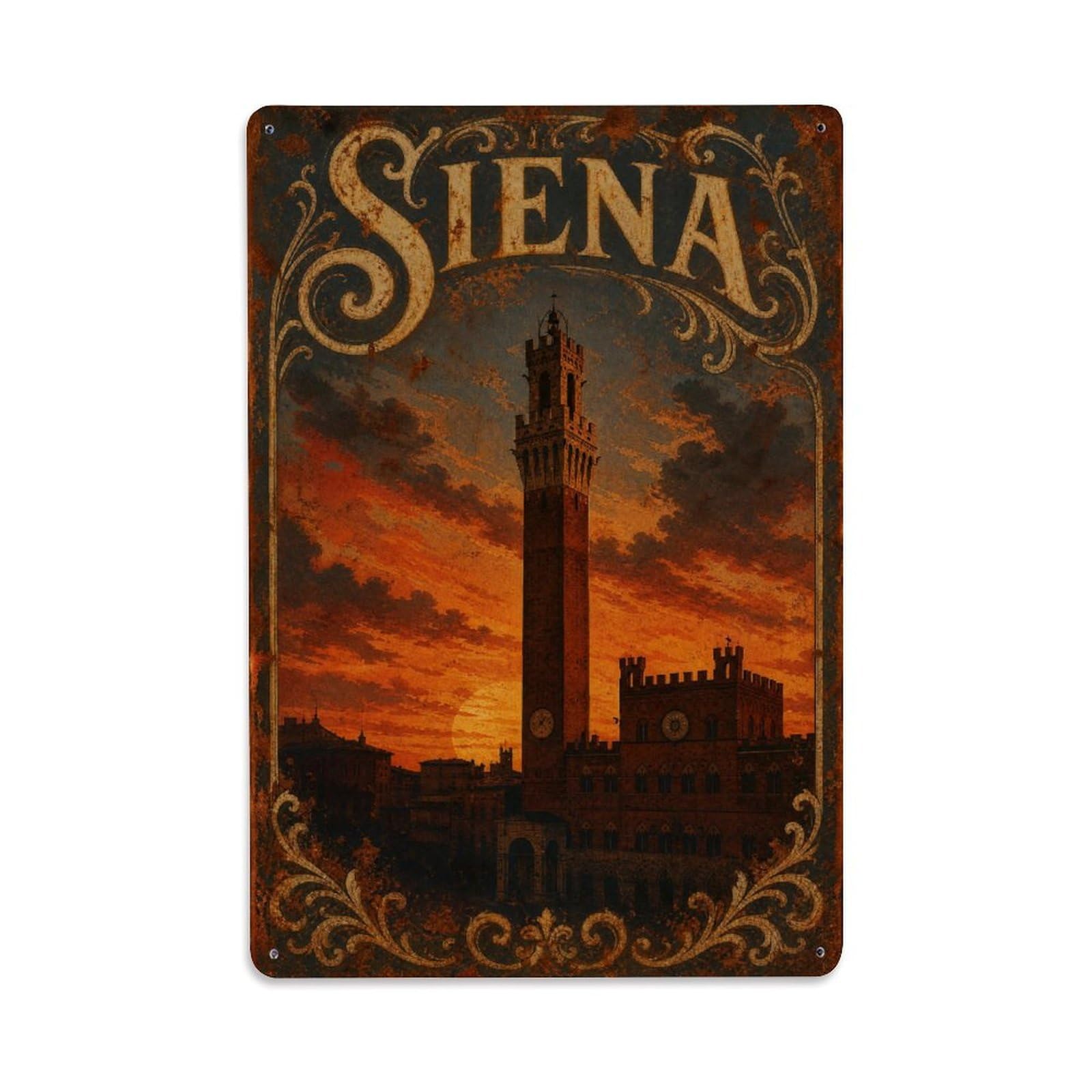 Huiyhb 8X12inch(20X30cm) Vintage Travel Siena Torre Mangia Sunset Tower Italy Metal Tin Sign