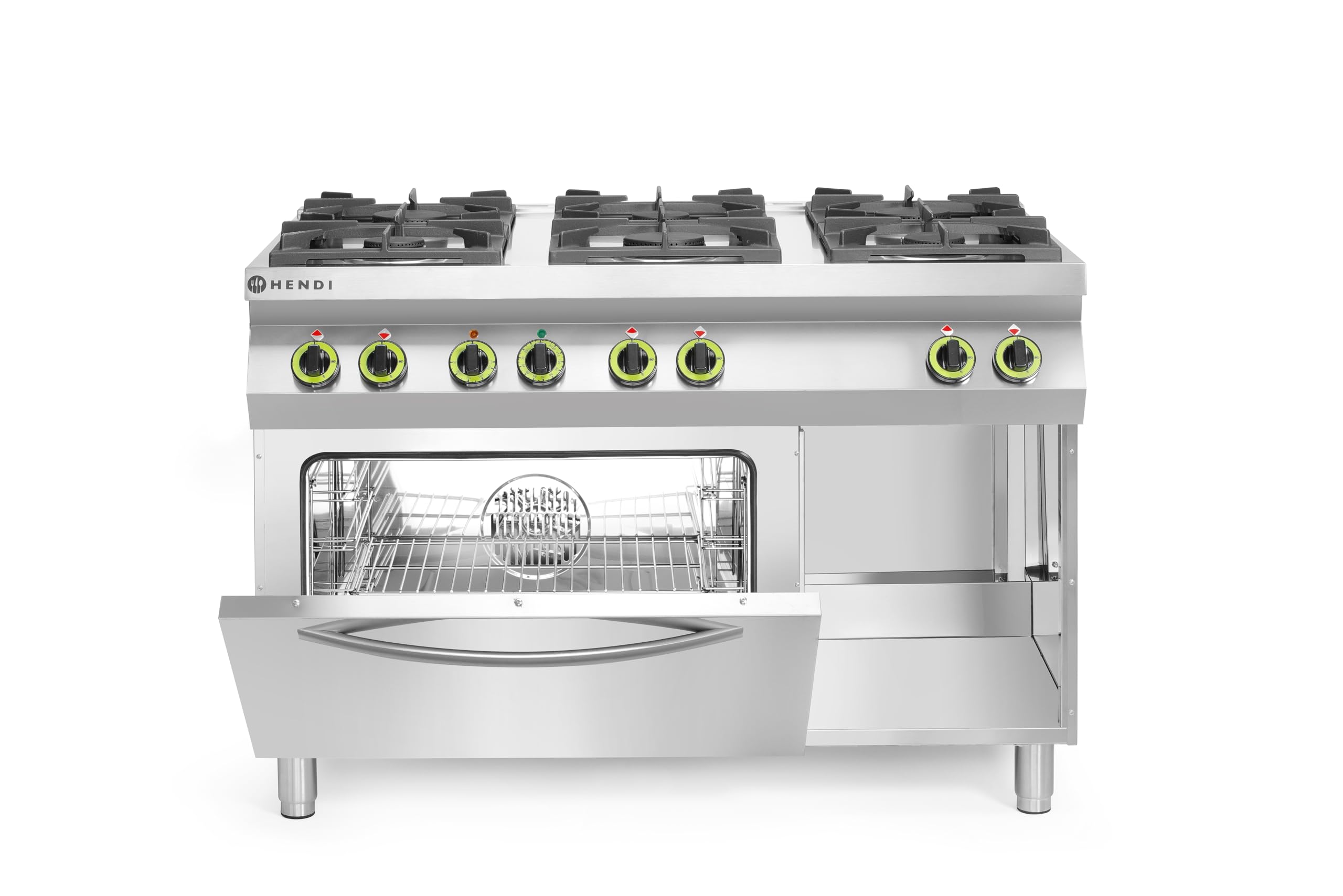 HENDI Fourneau à gaz professionnel avec 6 brûleurs (28,5kW) et four électrique à convection intégré GN 1/1, espace de rangement, pour gaz naturel (kit GPL inclus), 230V/3000W, 1200x700x(H)900mm, inox