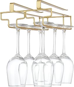 Wine Glass Rack Under Cabinet, Drilling Free No Screw Steamware Holder Under Shelf Metal Wine Glasses Holders 304 Stainless Steel Hanger Storage Organizer Hanging Glass Fit for Bar Kitchen 2 Rows Gold