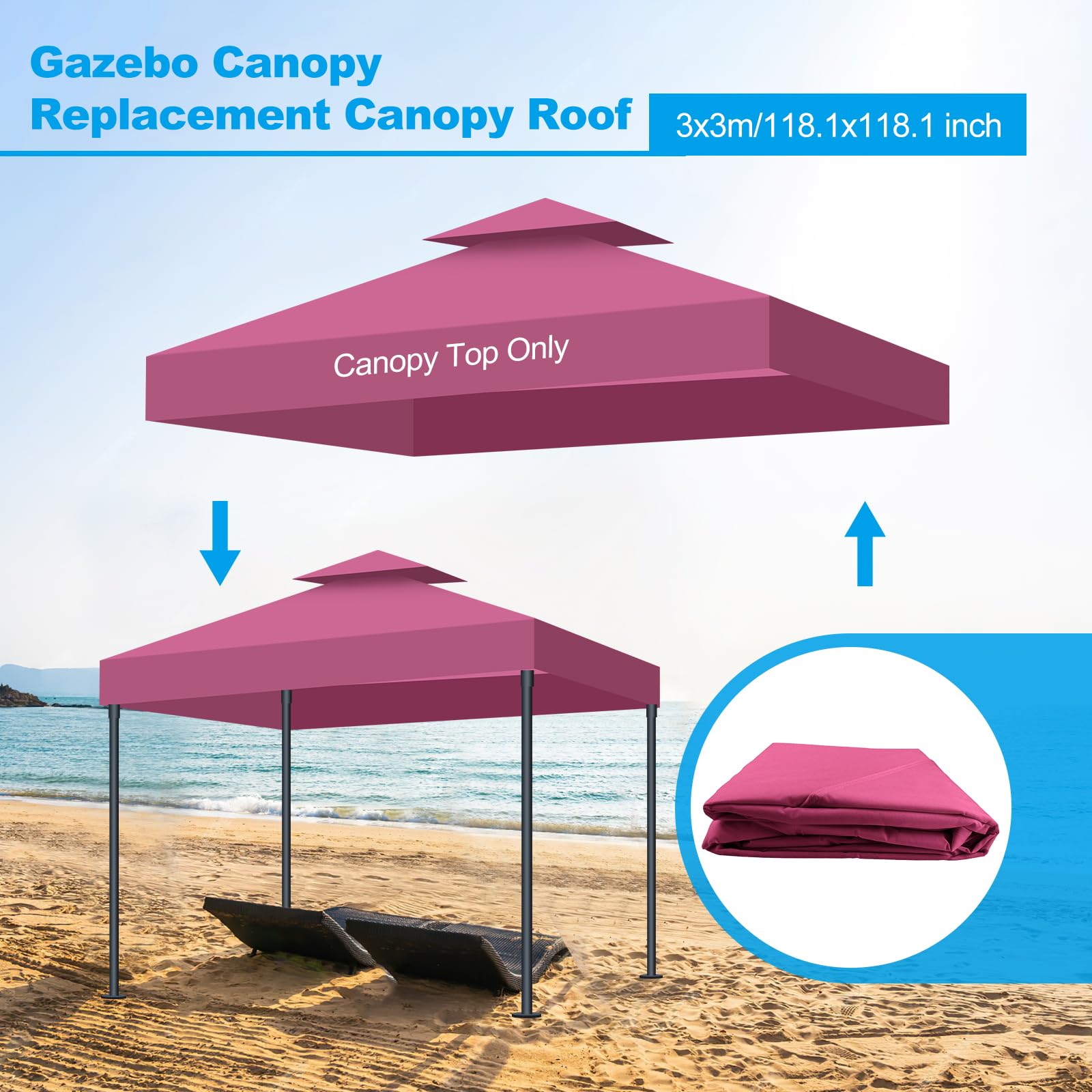 Toldo Recambio Pergola 3x3 m, Techo de Repuesto con Ventilación para Cenador de Jardín, Cubierta Amovible Lona Impermeable con Protección UV para Barbacoa, Bodas, Fiestas y Camping