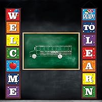 Vista 6 de Cartel de bienvenida de regreso a la escuela para el primer día de escuela, decoración colgante listo para aprender, decoración de telón de fondo