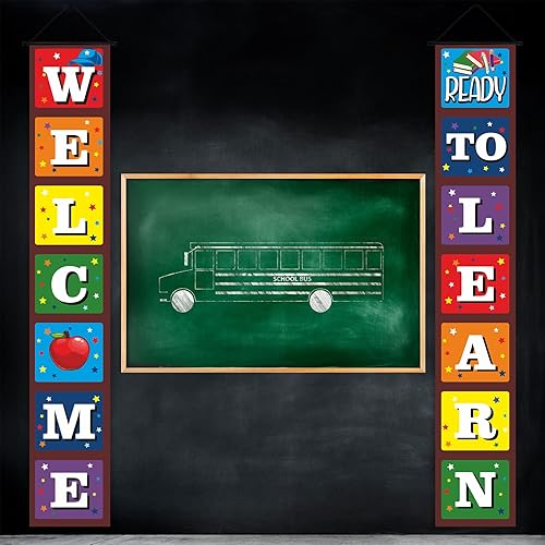 Miniatura 6 de Cartel de bienvenida de regreso a la escuela para el primer día de escuela, decoración colgante listo para aprender, decoración de telón de fondo