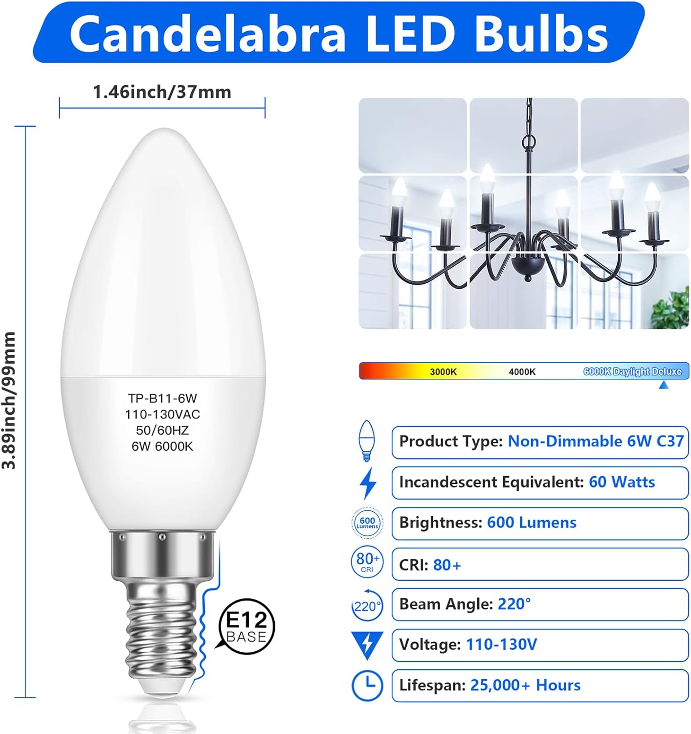 MAXvolador 12-Pack E12 Candelabra LED Bulbs 60W Equivalent, 6W 600 LM Chandelier Light Bulb Cool White 6000K, B11 Candle lamp Base, Non-Dimmable