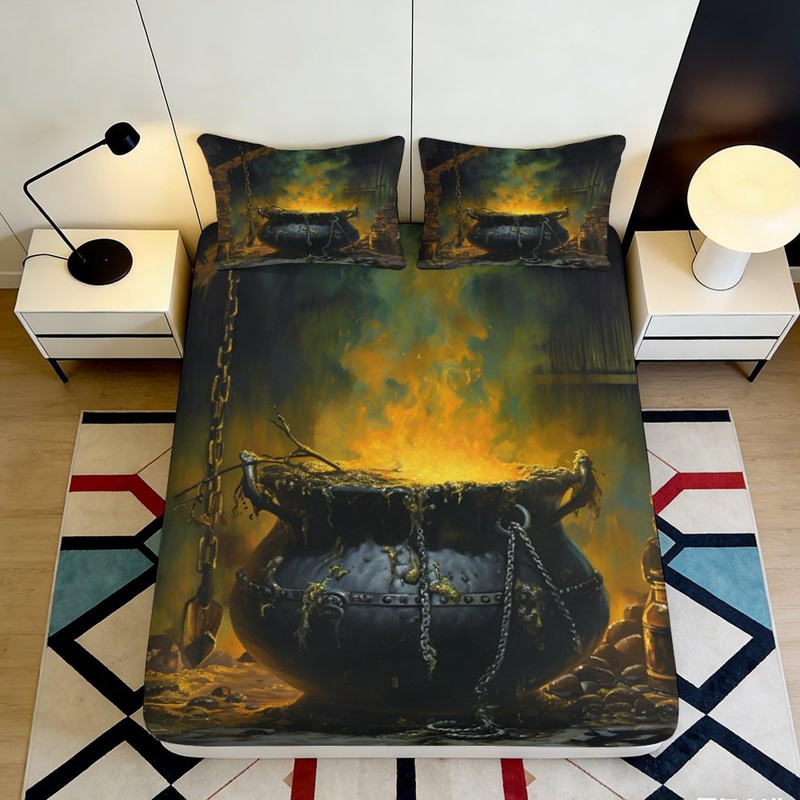 Dhbaneiok Style-4 3D Printed Witch Cauldron Fitted Sheet Microfiber Soft Halloween Fire Bed Cover For Bedroom Guest Room Decor 90X200x25cm