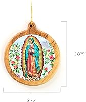 Vista 2 de Adornos de Navidad católicos – Nuestra Señora de Guadalupe icono redondo de madera de olivo de Tierra Santa – Adornos de Navidad pequeños de madera