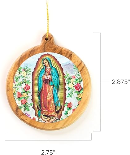 Miniatura 2 de Adornos de Navidad católicos Nuestra Señora de Guadalupe icono redondo de madera de olivo de Tierra Santa Adornos de Navidad pequeños de madera de