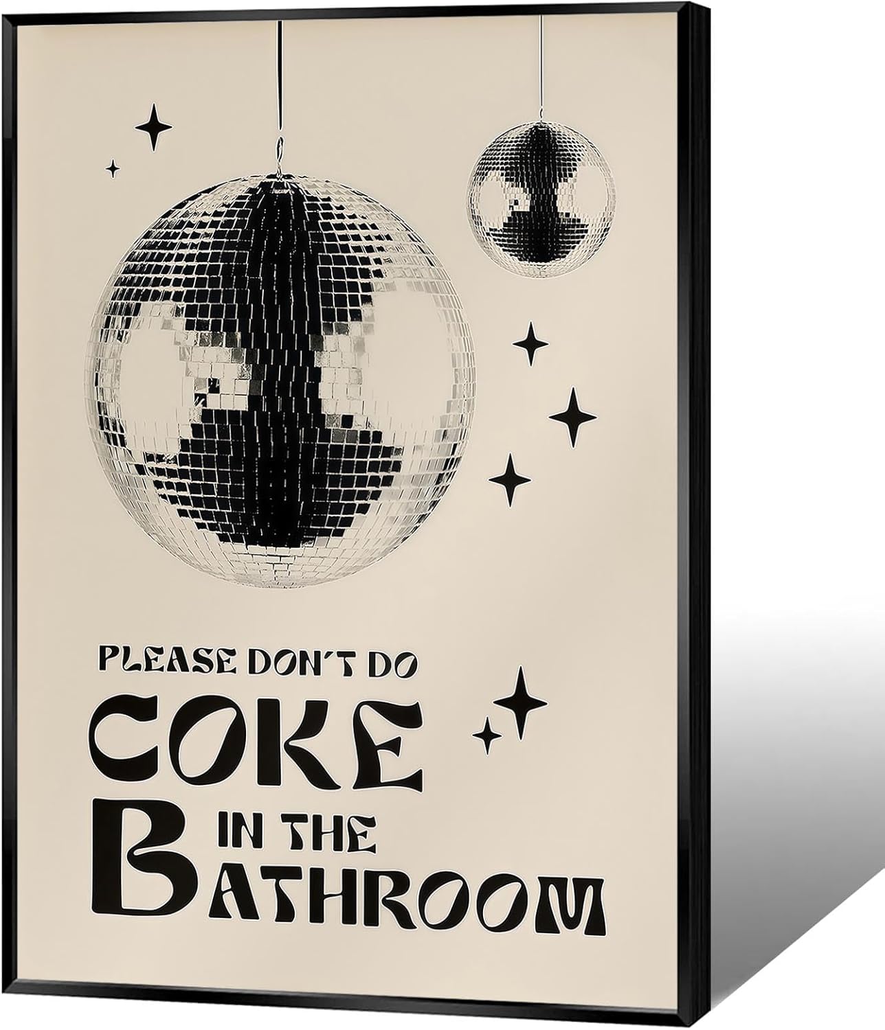 DVBOCS Vintage Black And White Disco Ball Canvas Wall Art Please Dont Do Coke In The Bathroom Posters Trendy Abstract Aesthetic Paintings For Washroom Restroom Toilet Wall Decor 16x24in Framed