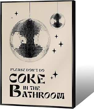 DVBOCS Vintage Black And White Disco Ball Canvas Wall Art Please Dont Do Coke In The Bathroom Posters Trendy Abstract Aesthetic Paintings For Washroom Restroom Toilet Wall Decor 12x16in Unframed