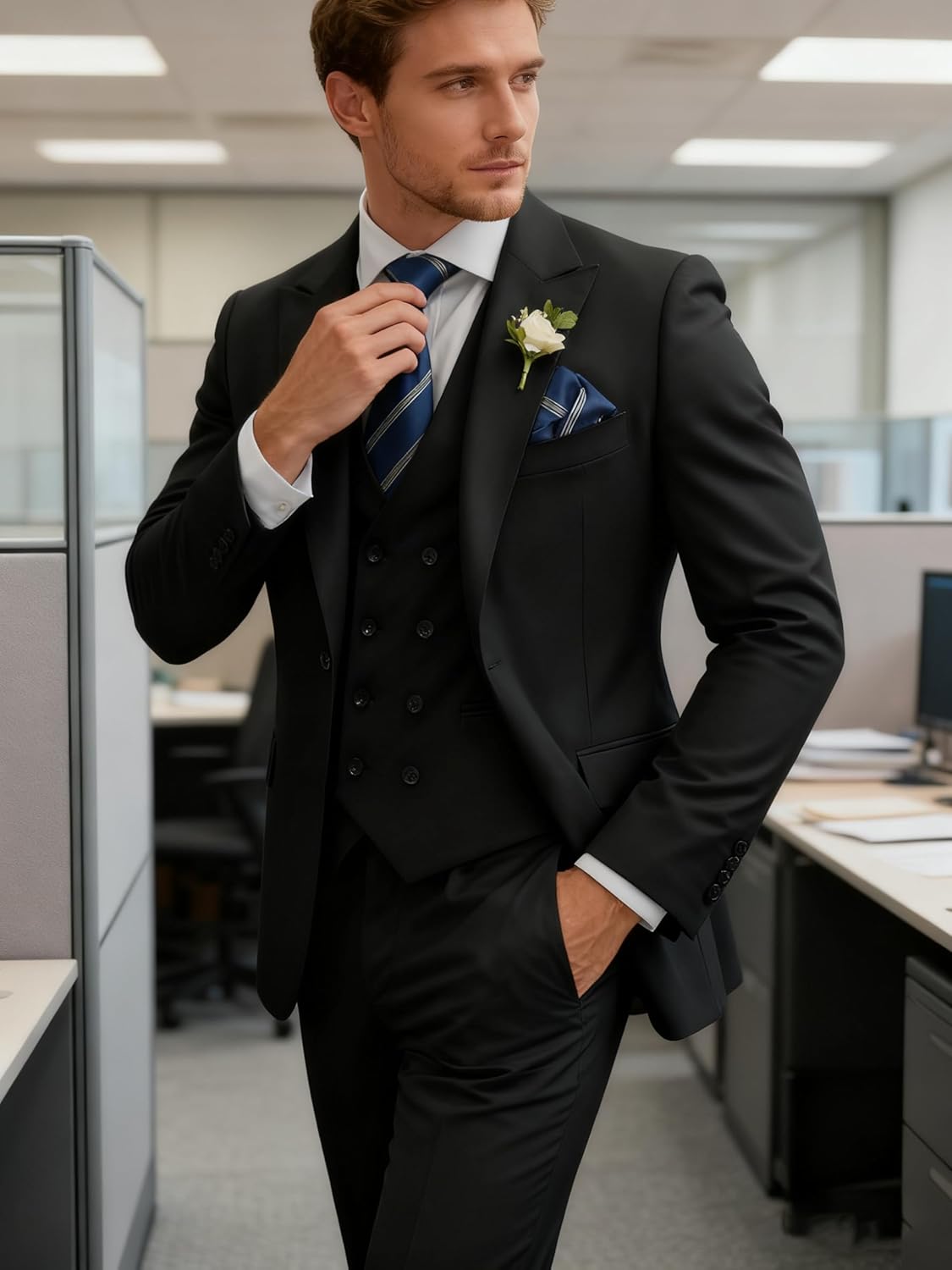 Mens Suit 3 Piece Slim Fit Suits for Men Double Breasted Suit Wedding Prom Suits Formal Business Dinner Tuxedo - Image 3