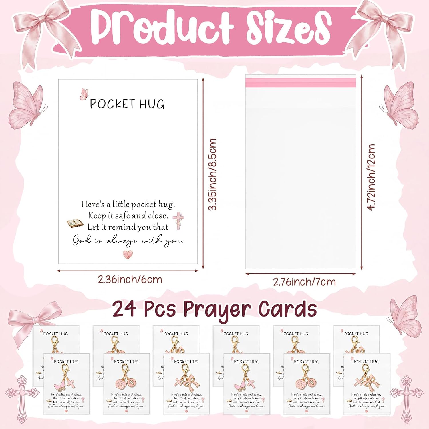 Unittype 24 Set Christian Cross Butterfly Flower Keychains for Women Pink Keychain with Pocket Hug Cards Religious Gift