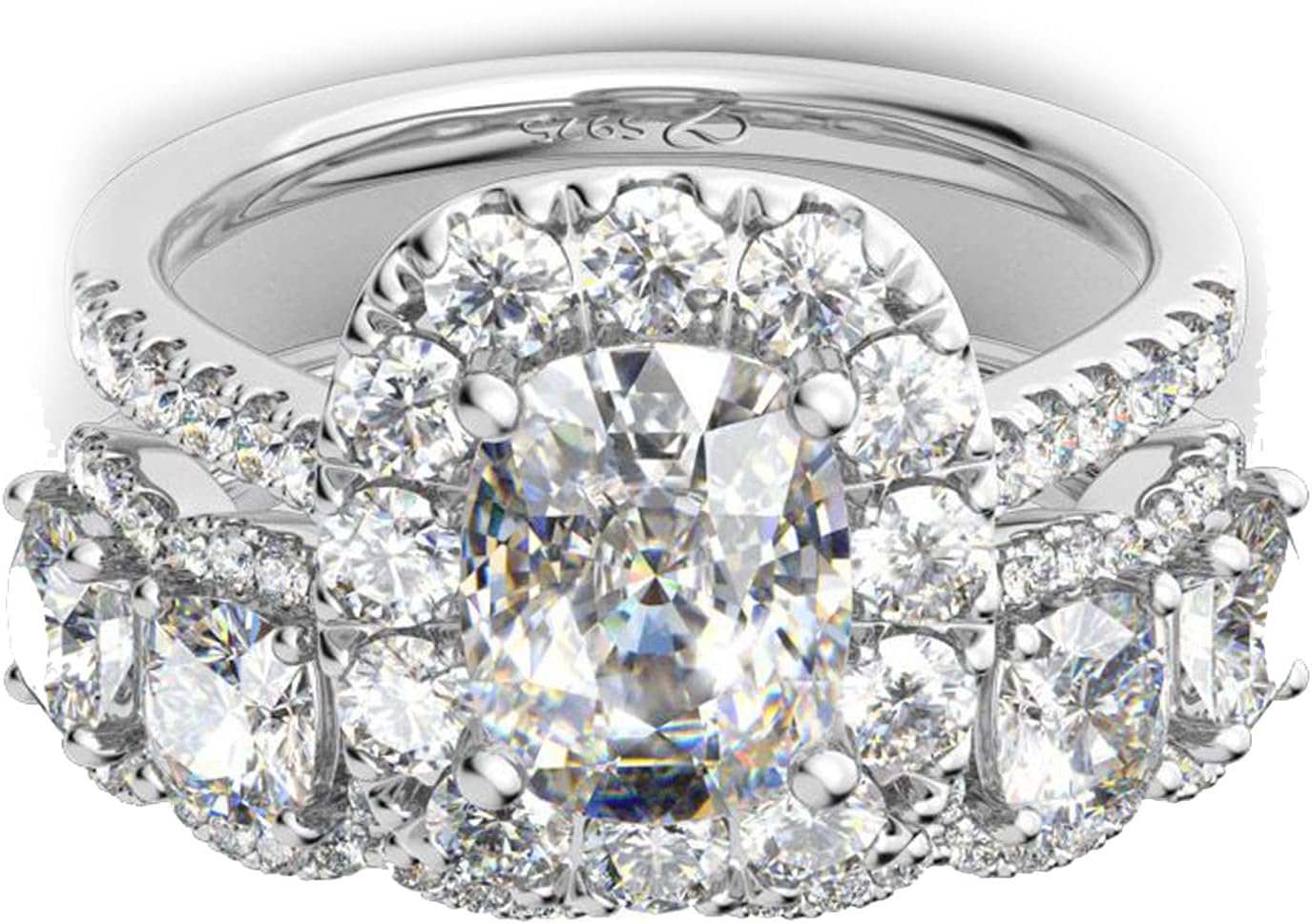 Jeulia Oval Cut Engagement Ring Set for Women Halo Sterling Silver Bridal Wedding Ring White Diamond Cubic Zirconia Eternity Band Ring with 3.95 ct Primary Stone,5.75ct Side Stone