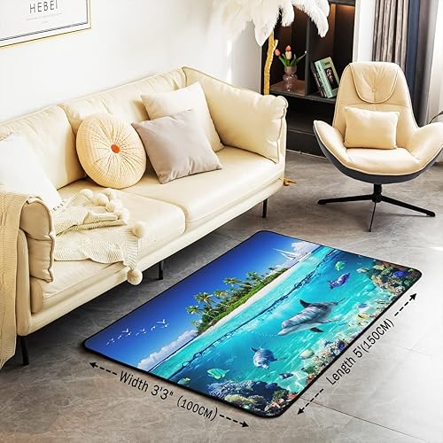 Miniatura 3 de Alfombra hawaiana de playa de 5 x 7 pies, diseño de delfín, sala de estar, dormitorio, decoración del hogar, vida marina, alfombra ultra suave