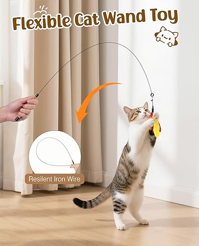 Miniatura 9 de Pawaboo Juguete de plumas para gatos, varita de plumas interactiva, atrapa gatos con plumas voladoras con varita extra larga de 34.5 pulgadas y