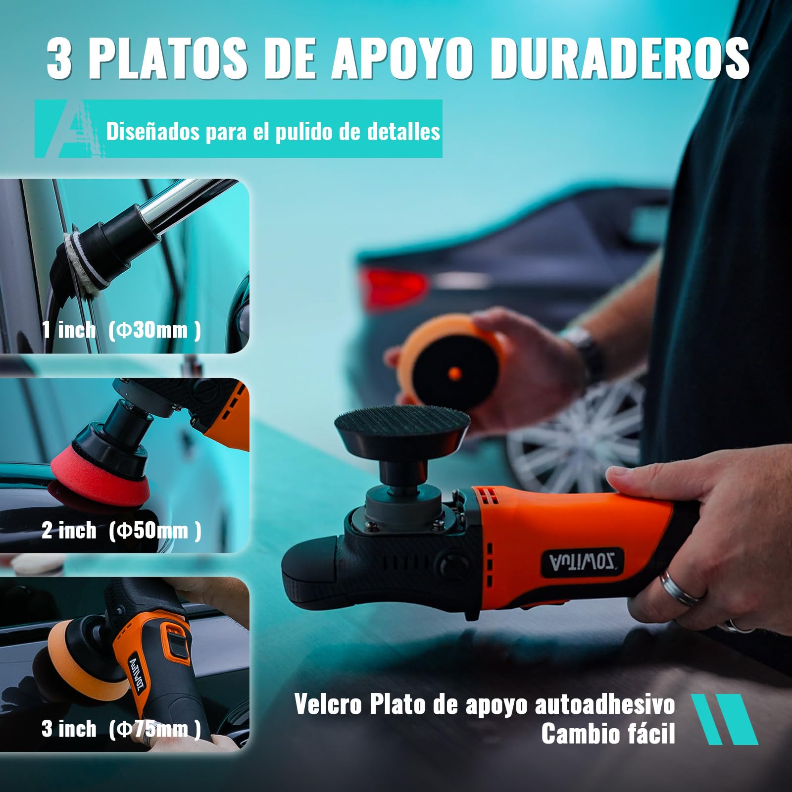 AUTIWOZ Set de Mini Pulidora de Coche Rotativa, Pulidora Pequeña 630W | Pulidora rotativa coche (630W/6 velocidades), mini pulidora con platos de 1/2/3", ejes de acero inoxidable (7,5/10/14cm)