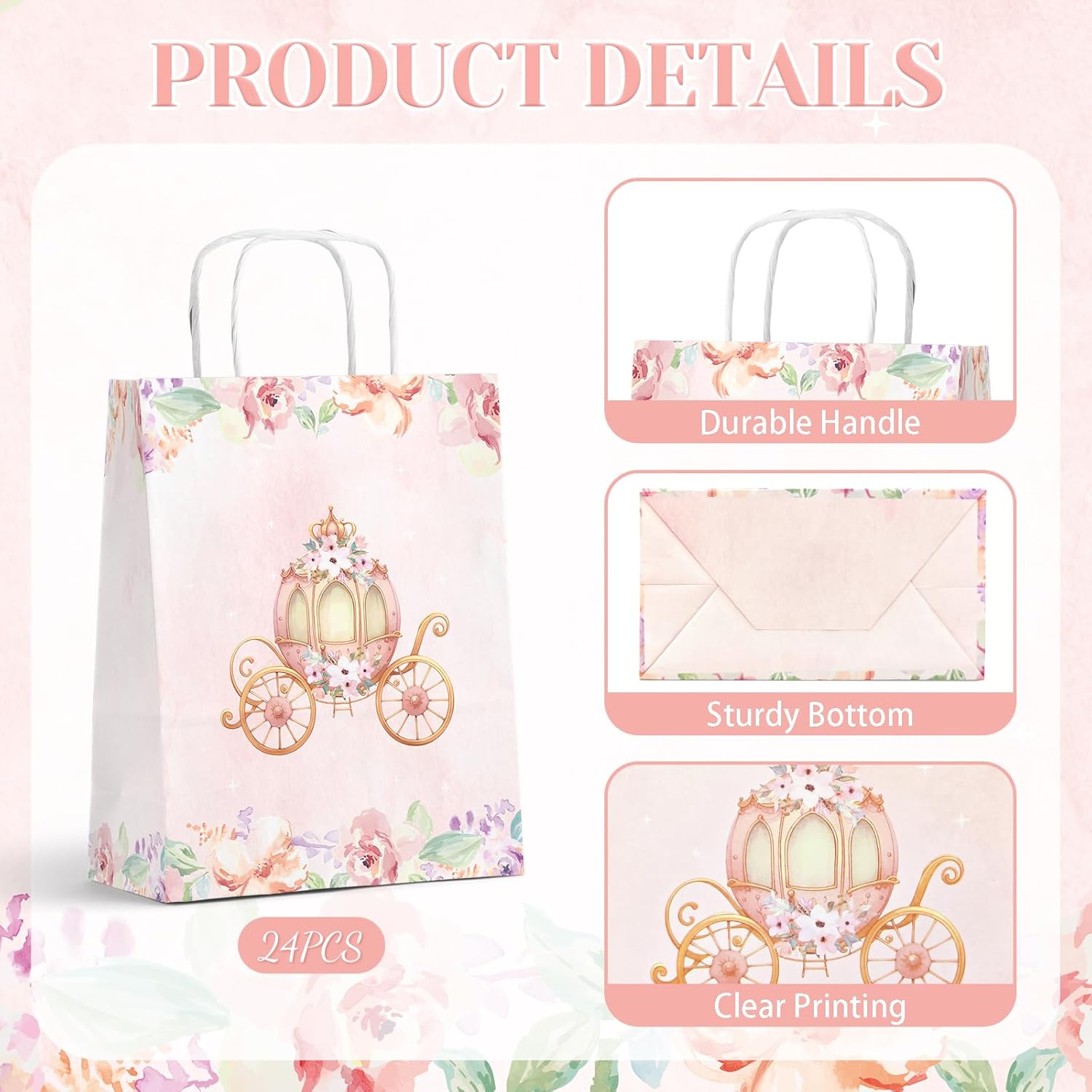 KALEFO 24pcs Princess Party Favor Bags with Handles Castle Pumpkin Carriage Candy Goodie Bags for Gender Reveal Lady Wedding Supplies - Image 3