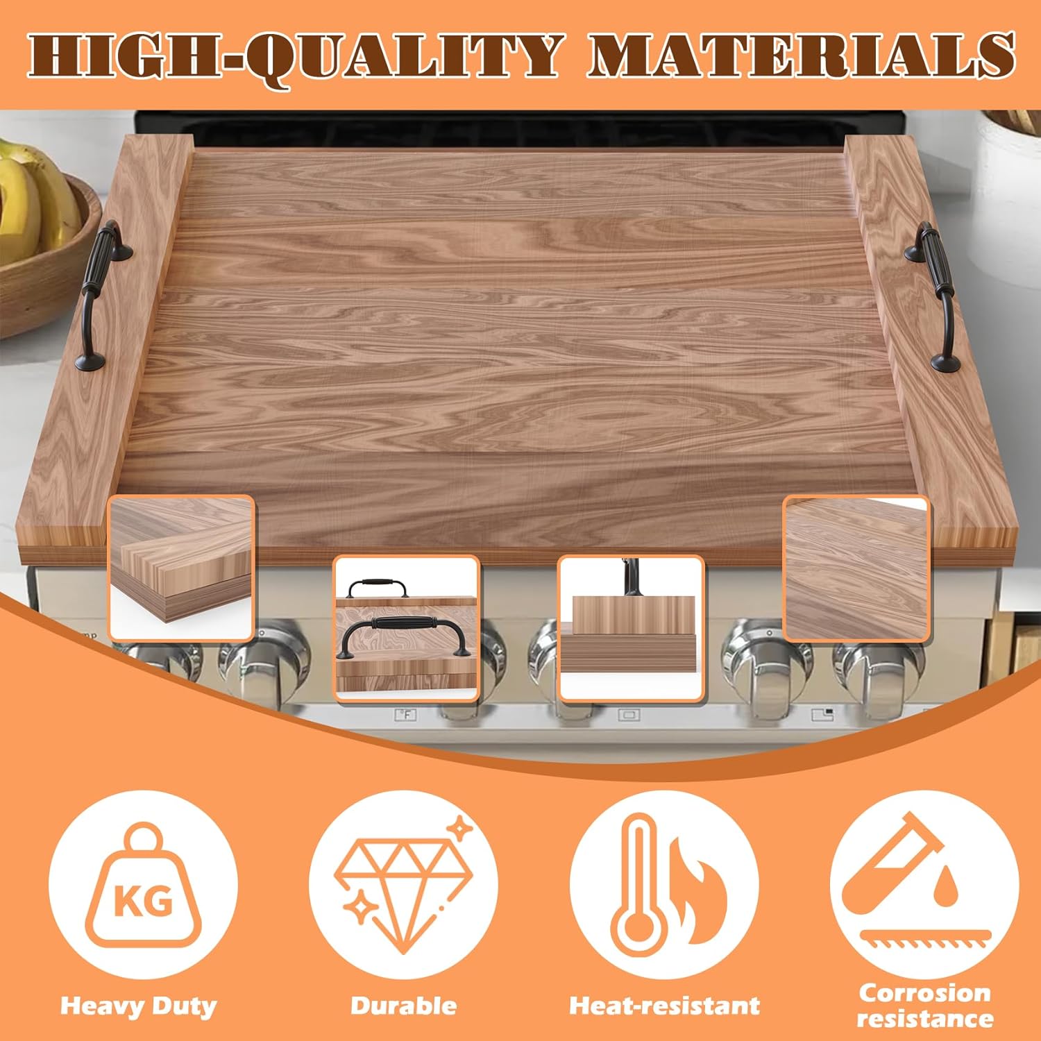 Acacia Wood Stove Top Cover with Handles for Electric Stove, Noodle Cutting Board for Gas Burners/RV Stovetop, Thick Wooden Noodle Board Gas Stove Cover & Juice Grooves for Kitchen Countertop Space