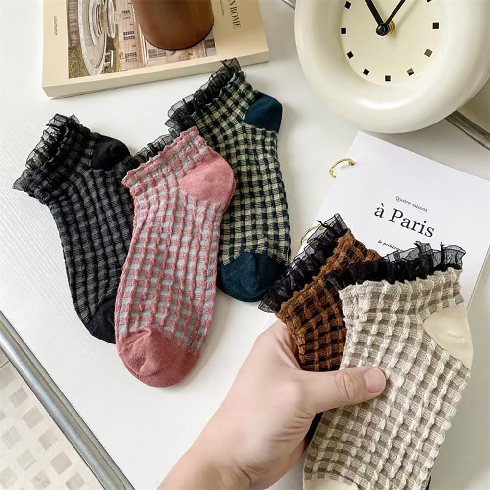 5Pcs Ruffle Striped Frilly Socks Cute Checkered Ankle Sock for Women Lace No Show Socks Womens Cotton Knit Casual Crew Sock Size 5-9