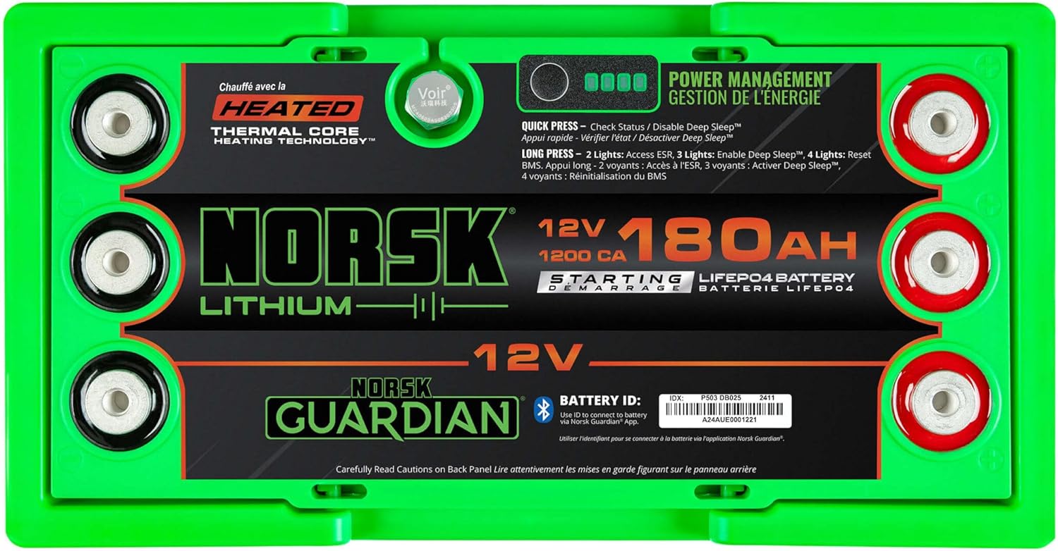 Norsk Lithium 12V 180AH Heated Marine Lithium Cranking Battery | 1200 CCA | LiFePO4 | Triple Terminals | Emergency Start Reserve | Bluetooth | Perfect for RV, Solar, Boat, and Marine