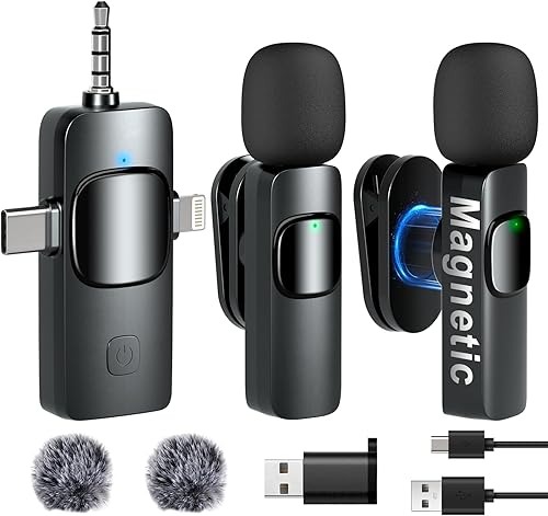 Micrófono inalámbrico Lavalier Clip en Micrófono - Micrófonos recargables 4 en 1 con clip magnético para grabación de video Micrófono ajustable con