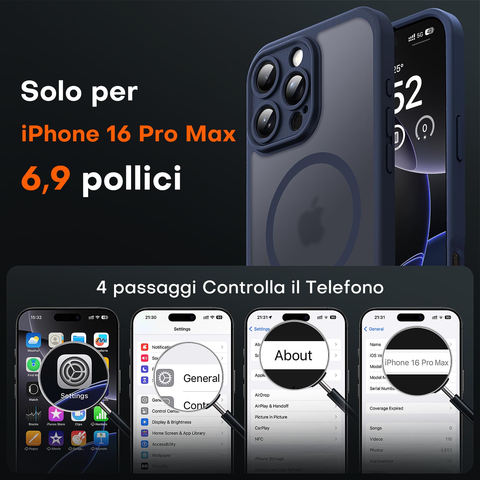 TOCOL 3 in 1 Cover Magnetica per iPhone 16 Pro Max 6,9 Pollic, con 2 Vetro Temperato, Compatibile con MagSafe [Protezione Fotocamera Integrata] Custodia Antiurto Traslucida Opaca, Blu