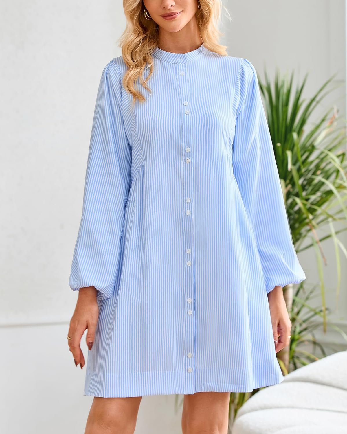 Women's Striped Tunic Mini Dress Long Sleeve Button Down Collarless Shirt Dress with Pockets - Image 4