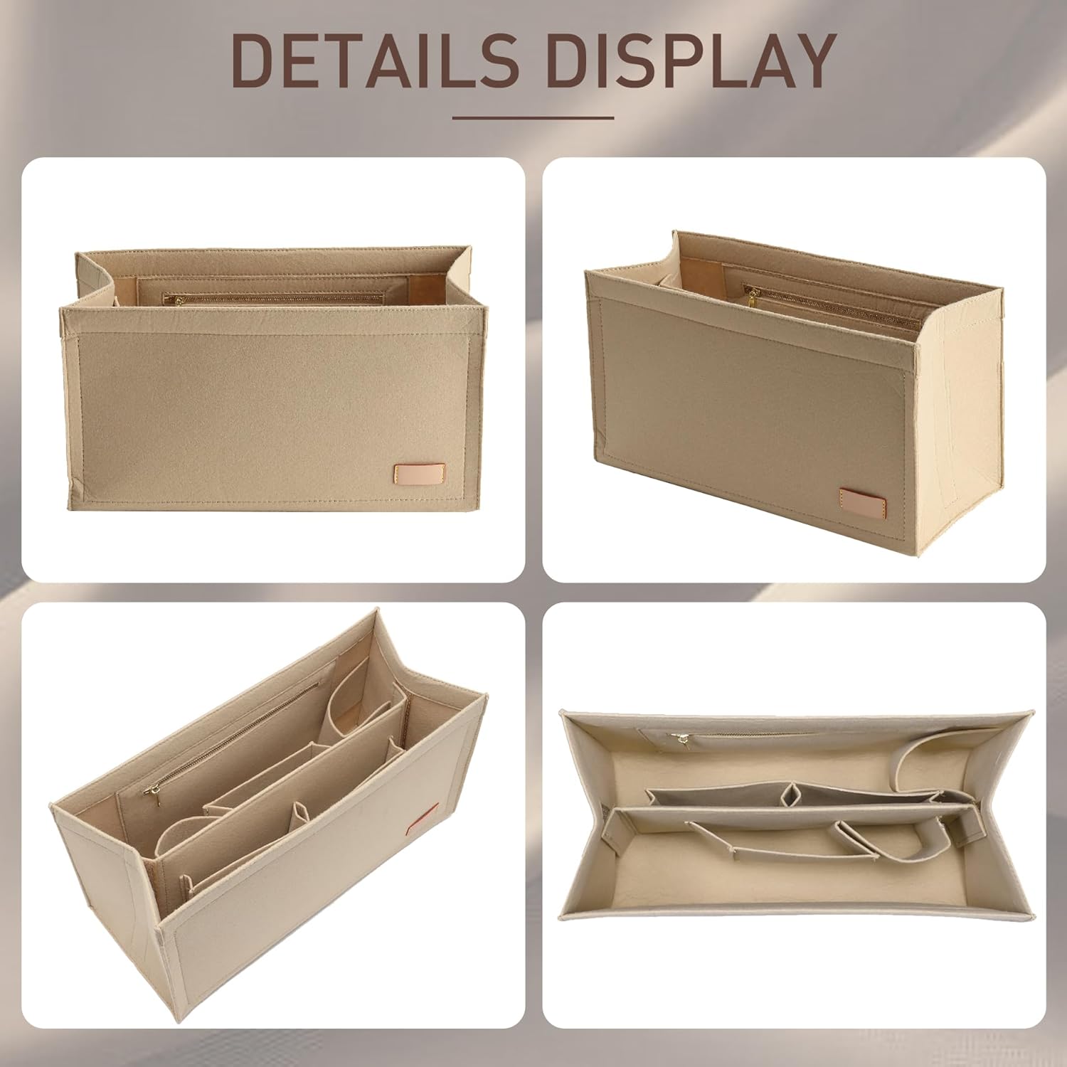 Bag Organizer Insert for LV On The Go MM and Dior Medium Book Tote and more, 9-Section Customizable Purse Organizer with Secure Zippered Pocket Water Bottle Holder, Handbag Shaper Protector (Beige) - Image 7