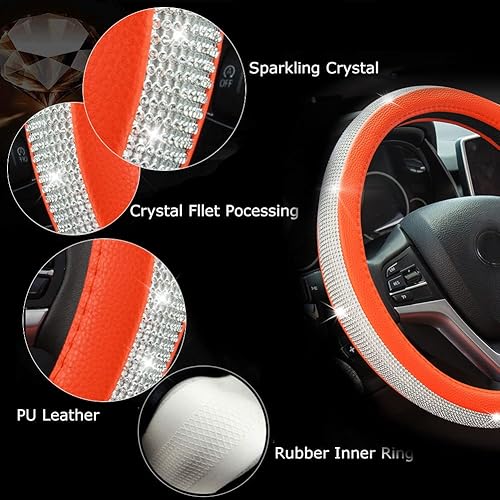Miniatura 83 de Funda para volante de piel con diamantes de imitación brillantes, ajuste universal de 15 pulgadas, protector de volante de automóvil para mujeres