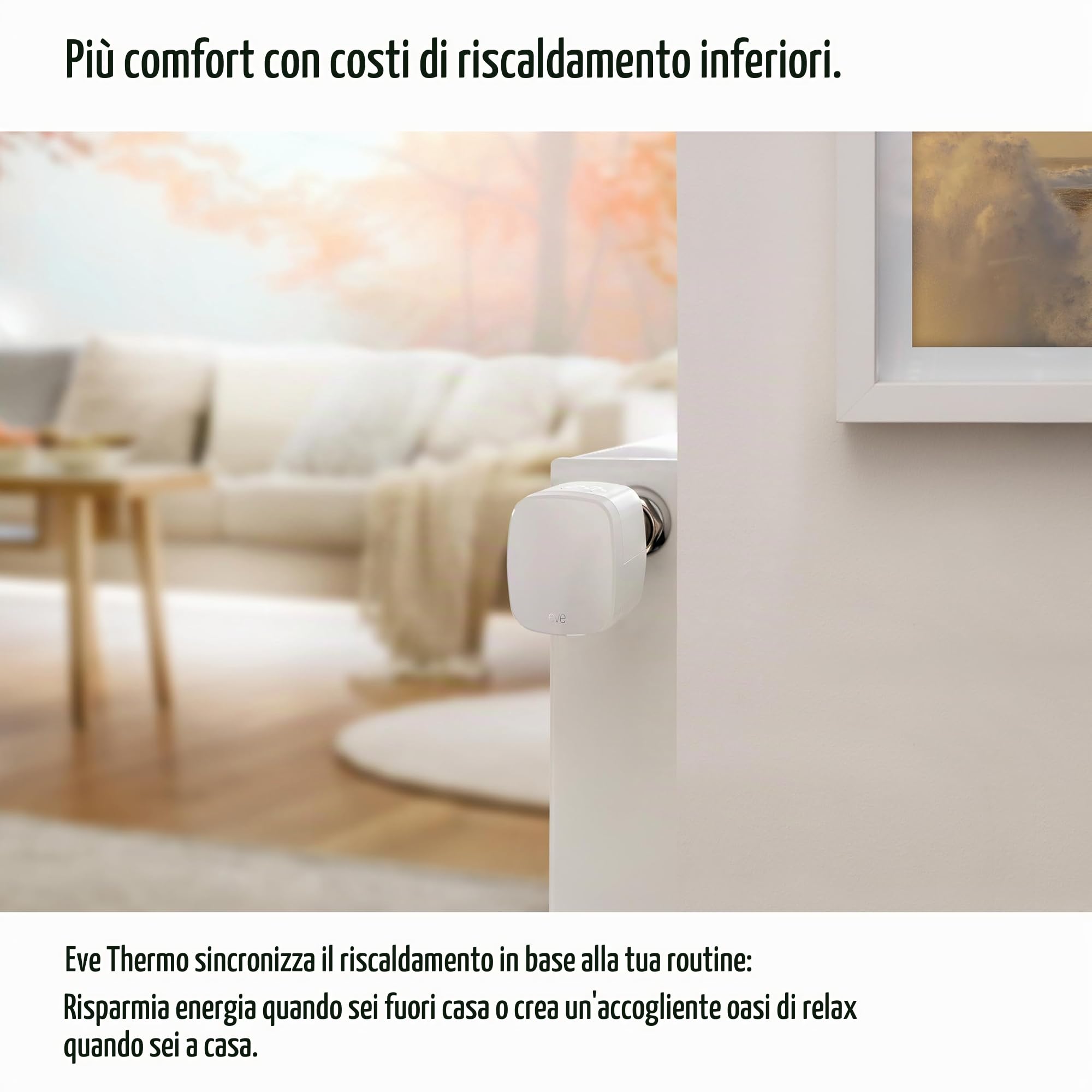 Eve Thermo (Matter, 4ª gen) set di 4: valvola termostatica intelligente, controllo automatico della temperatura, richiede Alexa, Apple Home, SmartThings o Google Home. necessario Thread Border Router