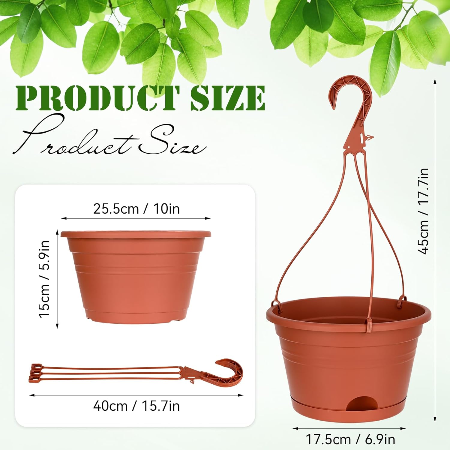 Roshtia 10 Pcs 10 Inch Hanging Baskets for Plants Large Plastic Hanging Basket Pots with Drainage Trays Self Watering Planter Pots for Outdoor Indoor Plants Flowers Garden Balcony (Brown)