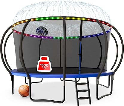 LHX Outdoor Tranpoline for Kids and Adults - ASTM Approved, 1500LBS Large Tranpoline Outdoor with Basketball Hoop, Light, Sprinkler, Ladder and Ball, Recreational Tranpoline for Backyard