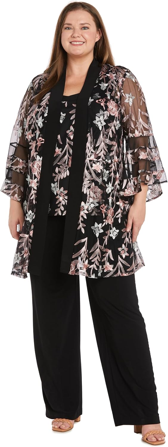 R&M Richards Women's Elegant 2-Piece Mock Pantsuit W/Threadwork & Illusion Bell Sleeve | Formal Evening Cocktail Attire