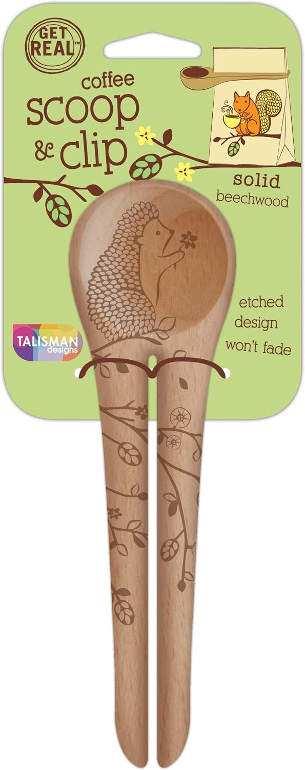 Talisman Designs Laser Etched Beechwood Scoop with Clip | Woodland Design | Wood Coffee Spoon, | Cute & Functional Kitchen Tool, | Small Wooden Utensils