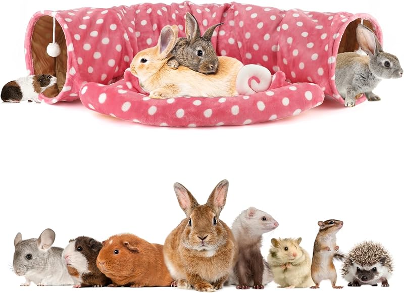 Túnel-cama dobrável BWOGUE para coelhos e pequenos animais com tapete – C0239-Pink