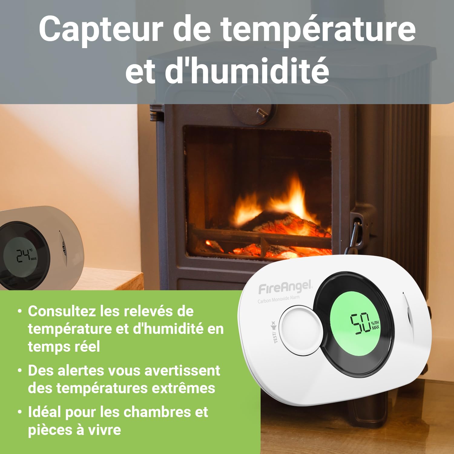 FireAngel FA3322, Détecteur de Monoxyde de Carbone Numérique, Moniteur de Détecteur de CO, capteur d'humidité et température Portable avec Pile 10 Ans, NF certifié