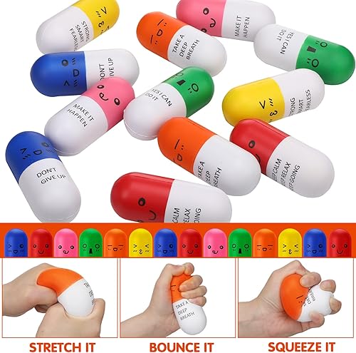 Miniatura 3 de Woanger Pelota de vitamina para el estrés, con forma de píldora, bola de estrés motivacional para adultos con cara sonriente, suministros de