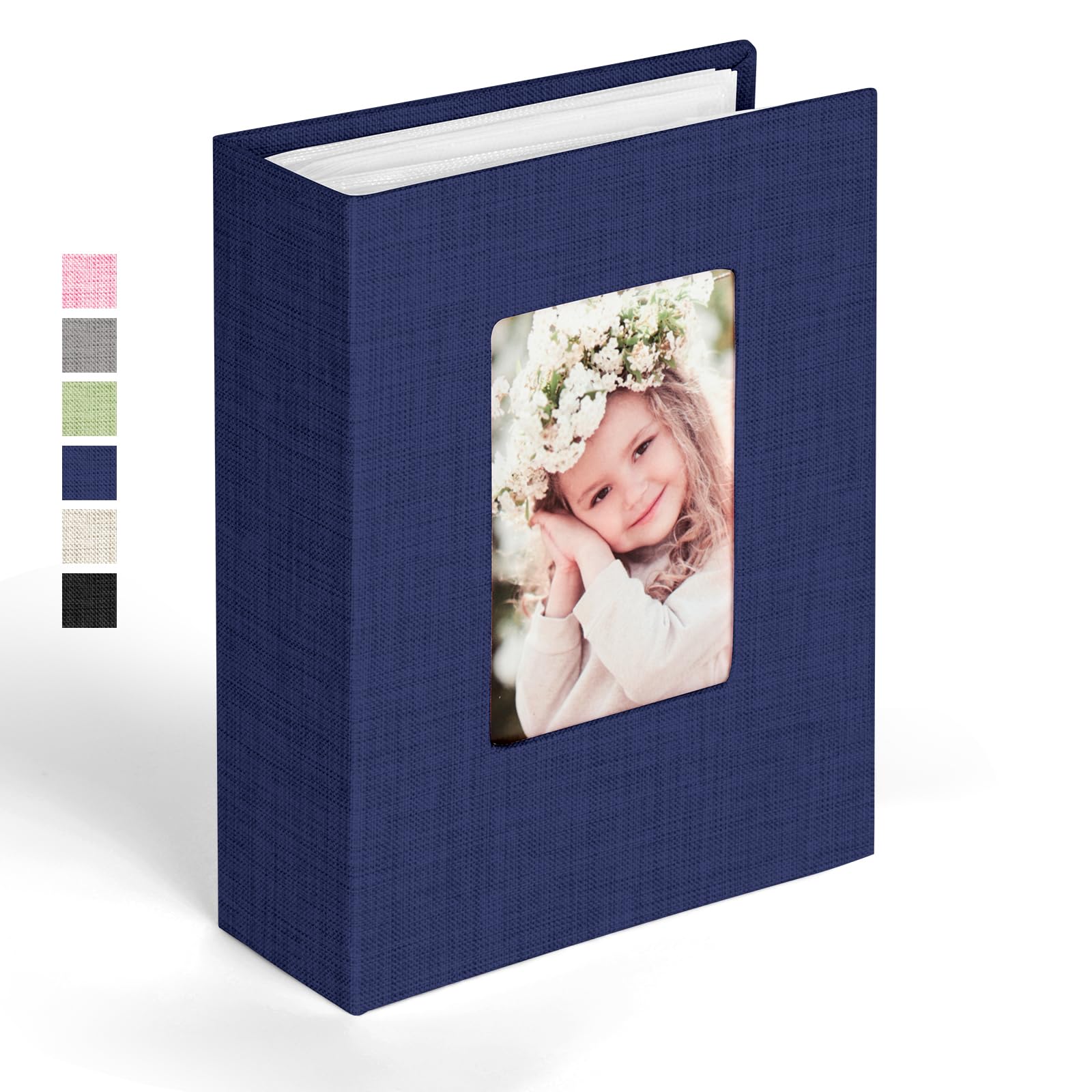 Ainiv Photo Albums 6x4 100 Pockets, Slip in Top Loading Mini Linen Album Book, Large Capacity Picture Albums with Personalized Cover Window for Wedding Anniversary Family Baby Vacation (Dark Blue)
