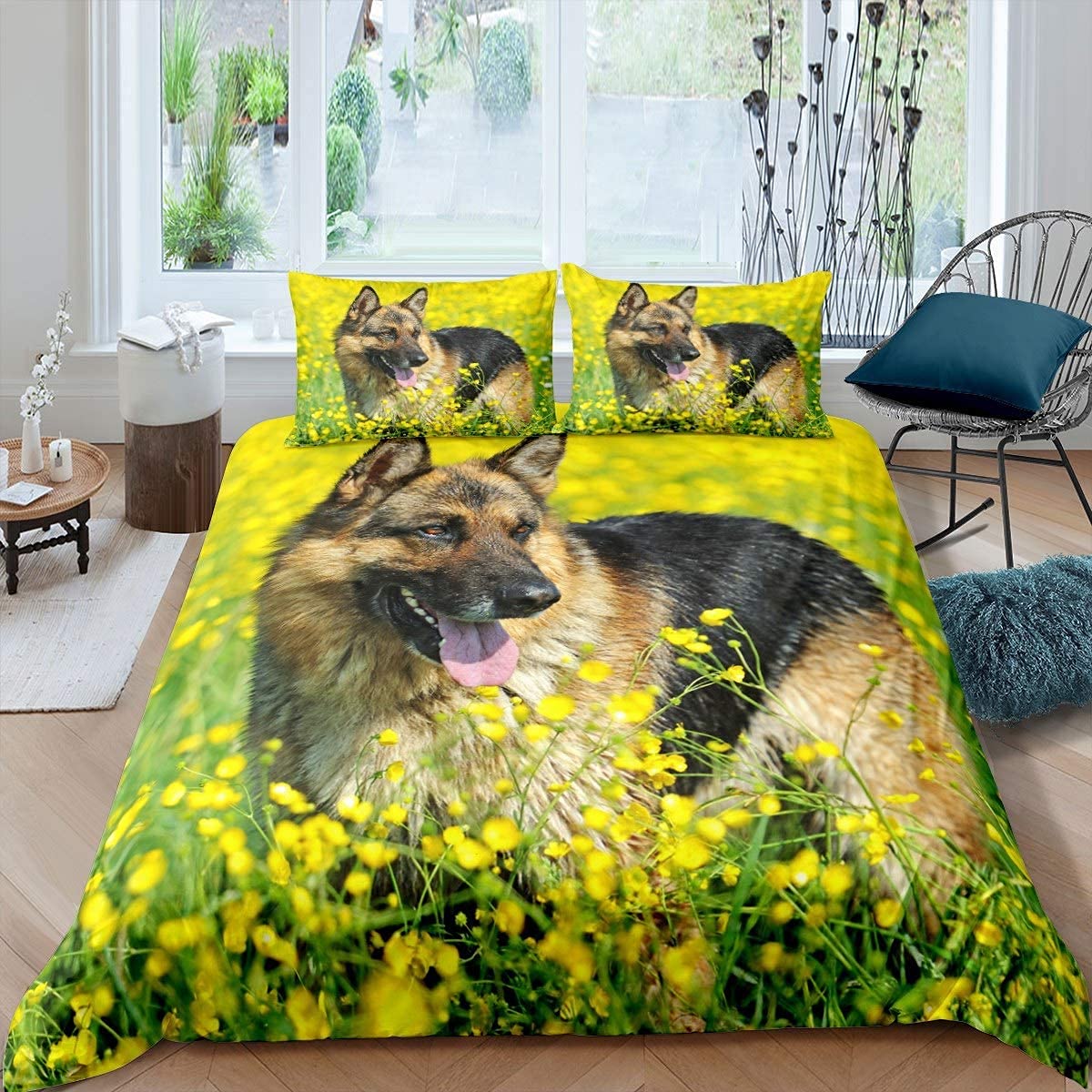Homemissing Dog Duvet Cover Yellow Floral Bedding Set for Kids Boys Girls German Shepherd Comforter Cover Cute Animal Pet Bedding & Linen with 2 Pillowcase 3Pcs Double Size — image 1