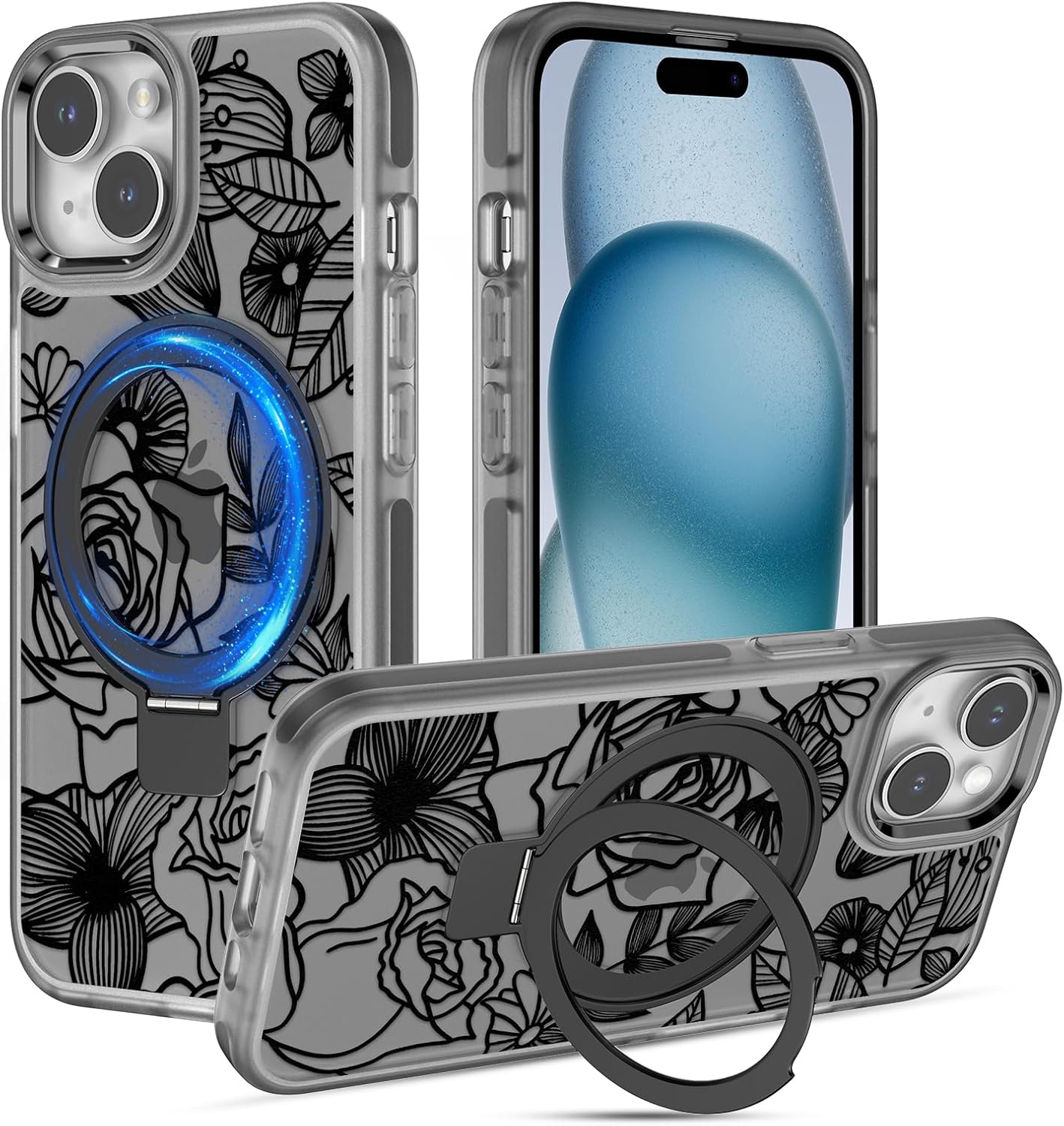 XIZYO Magnetic for iPhone 15 Plus Case Floral Flower Cute [Compatible with MagSafe] Magnetic Ring Stand Clear Rose Women Girly Kickstand Shookproof Case 6.7 Inch-Matte Black - Image 8