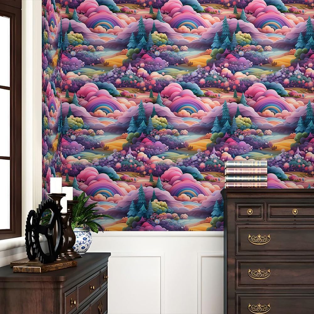 REDAMANCY Rainbow Cartoon Colorful Forest Modern Peel and Stick Wallpaper Vintage Wall Paper Stick on Contact Paper Easy Peel Off for Kids Bedroom nightstand Drawer Renter Friendly 17.7"x236"