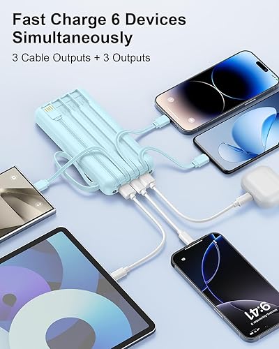 Miniatura 5 de Cargador portátil con cables incorporados, delgado 10000mAh carga rápida 22.5W banco de energía USB C pantalla LED paquete de batería 6 salidas y 2