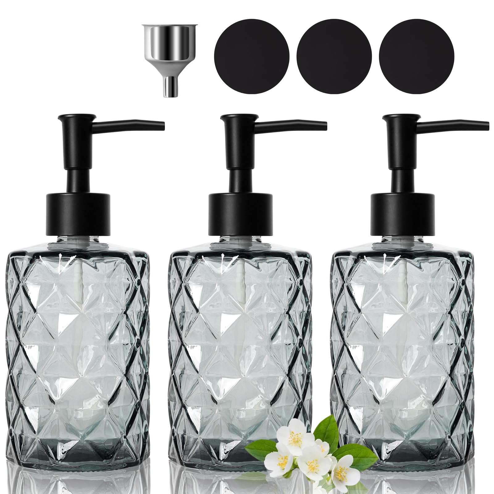 3 Piezas Dispensador Jabon Baño Vidrio, 330 ML Dispensador de Jabón Negro, con Embudo, Dispensador Jabón Cocina, Vintage Dispensador Gel y Champu Ducha