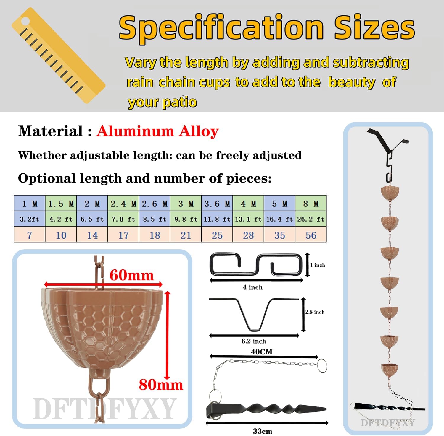 DFTDFYXYRain Chain 3.2-26.2FT Rain Water Catcher Aluminium Alloy-Hanging Rain Chains Replacement Rain Chain Gutters with Fixer and Hook,for Eaves Drainage,Decorate The Garden,Patio,Temple,2.6m(8.5ft)