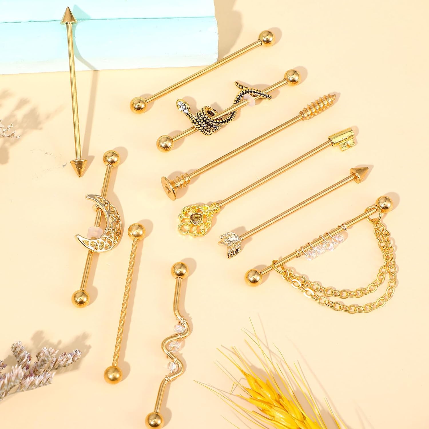 Tucnoeu 10Pcs 14G Industrial Piercing Stainless Steel Industrial Earrings Barbell, 38MM Gold Tone, Snake, Spike, Arrow, Braided Bar, Key Design Cartilage Helix Piercing Jewelry for Women Men