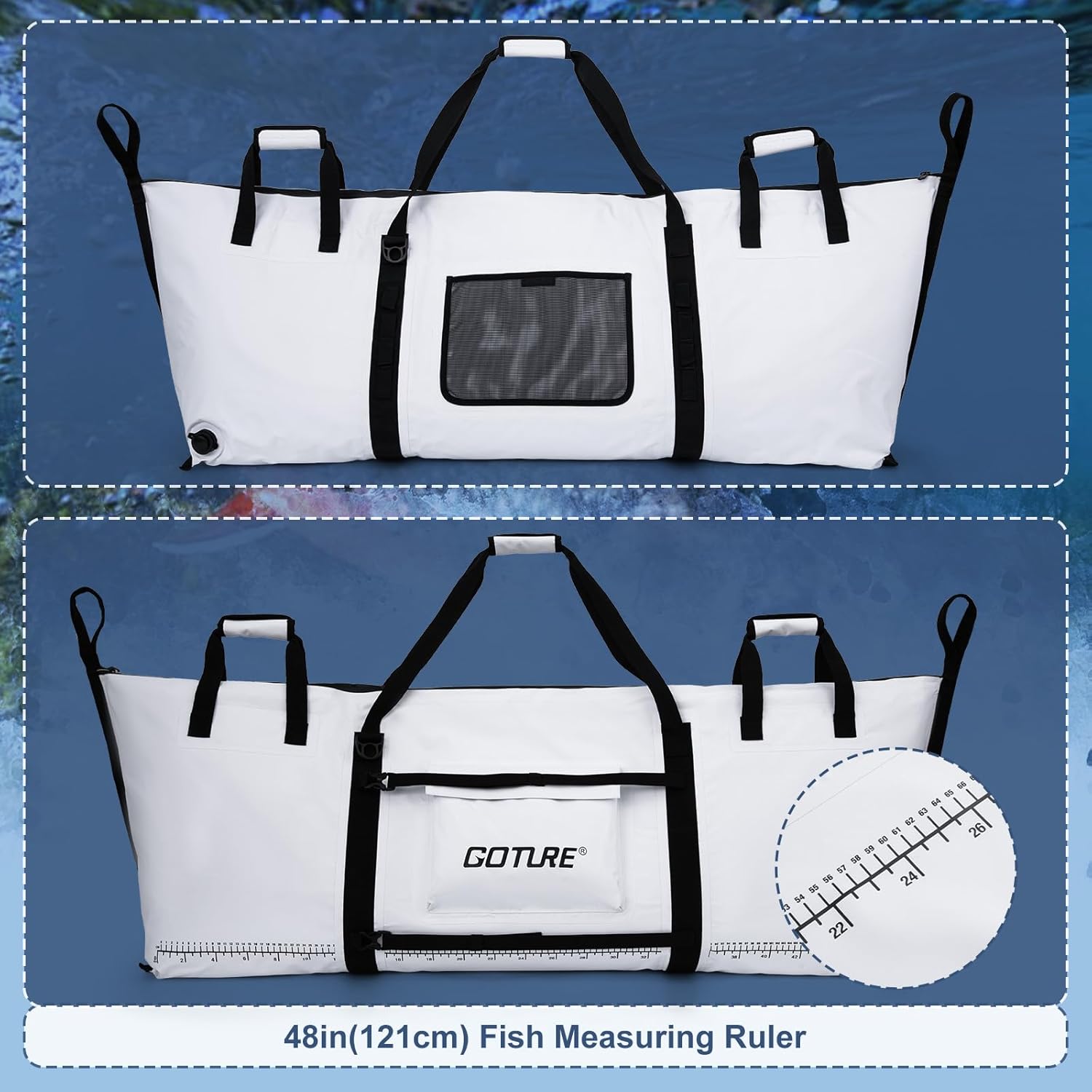 Goture Insulated Fish Cooler Bag, 500D PVC Leakproof Fishing Kill Bag, Waterproof Fish Bags with Carry Handle and Strap, Large Fishing Cooler Bags with Drain Plug, 59.84”x 20.08”x 9.06”