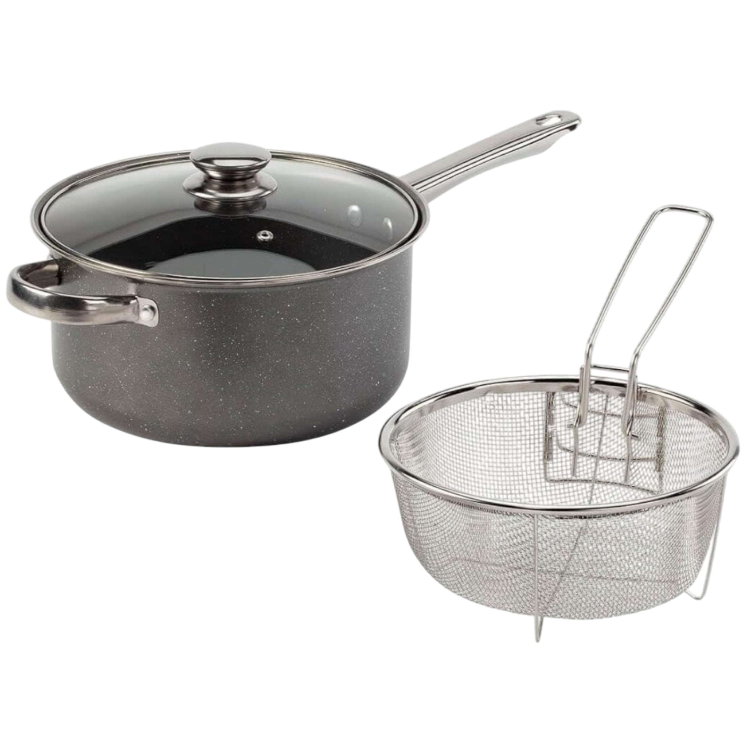Reldor 3-in-1 Chip Pan with Lid & Wire Basket 24cm, Deep Fat Fryer with Non-Stick Coating, Deep Fat Frying Pot, Transparent Vented Lid, Dishwasher Safe—Perfect for Gas, Electric, and Solid Hotplates